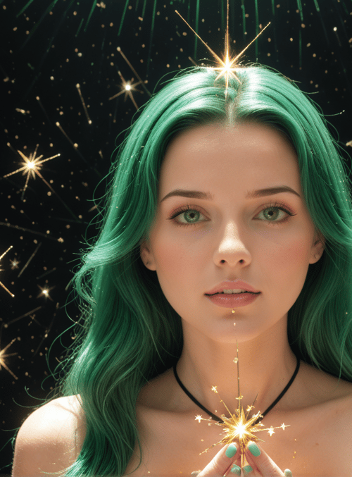 woman, green hair, sparkles, stars