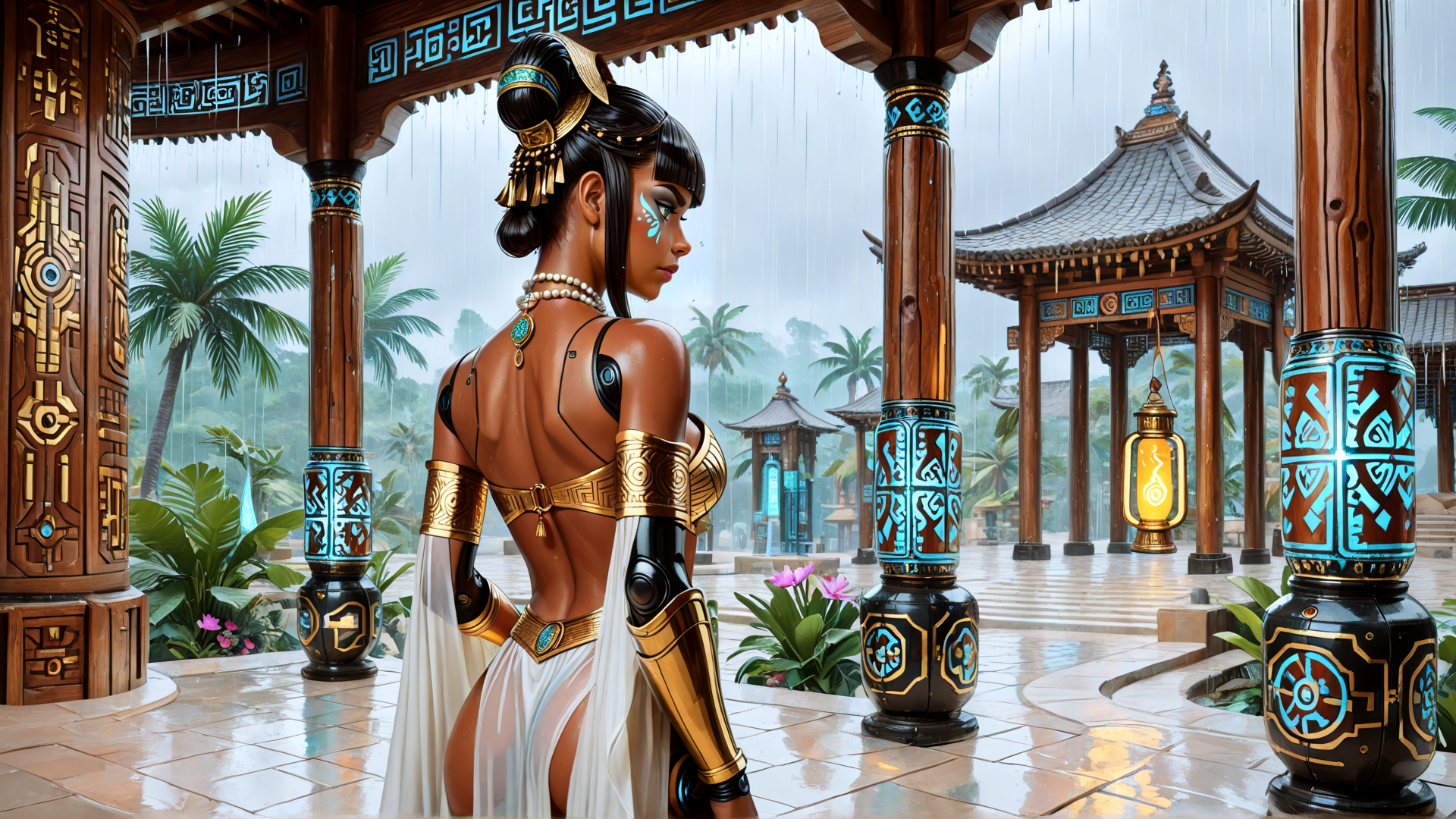 AI generated wallpaper featuring woman, goddess, futuristic, ancient, character, garden, pavilion, lantern, tropical, rain
