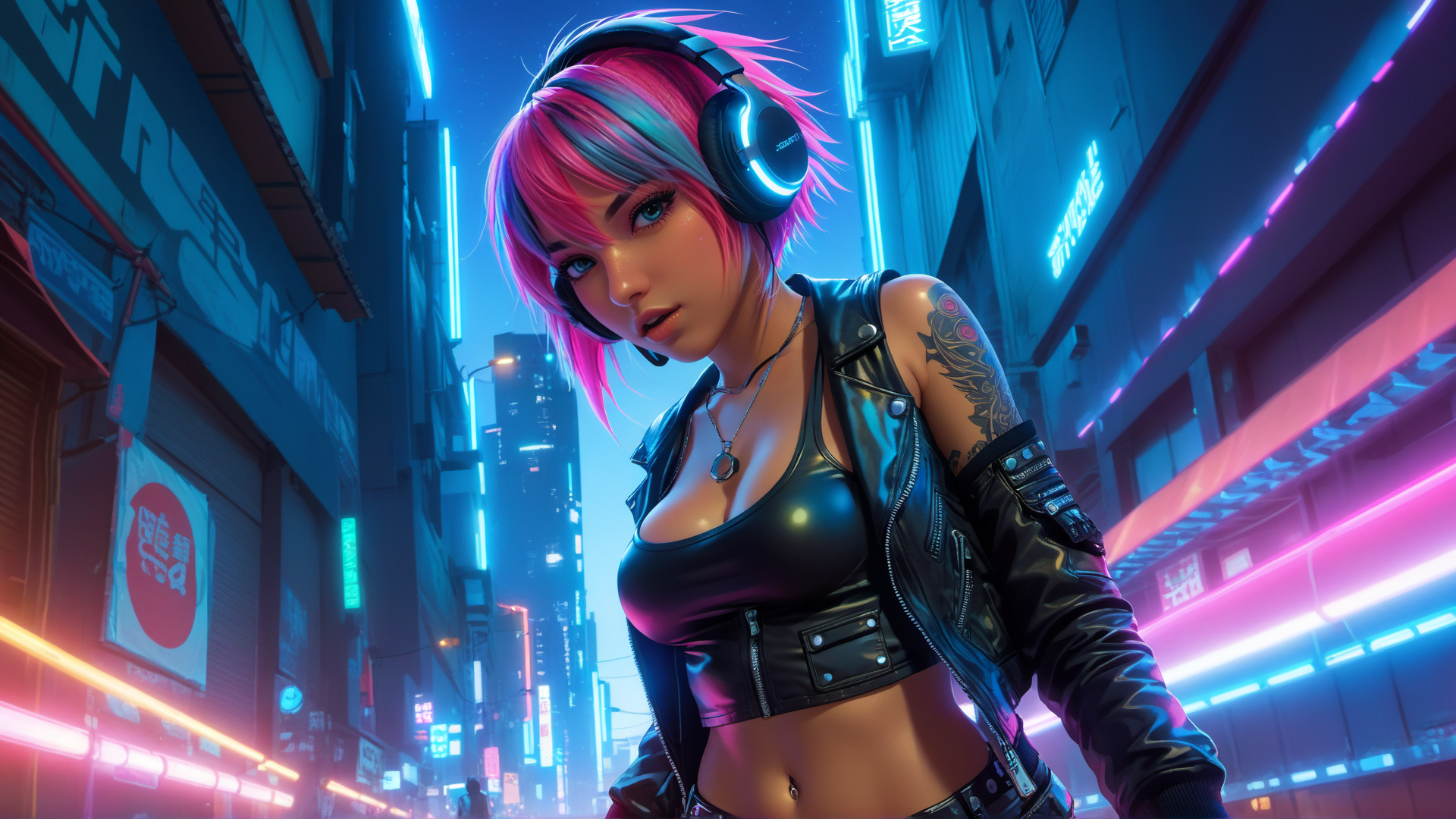 AI generated wallpaper featuring woman, cyberpunk, street