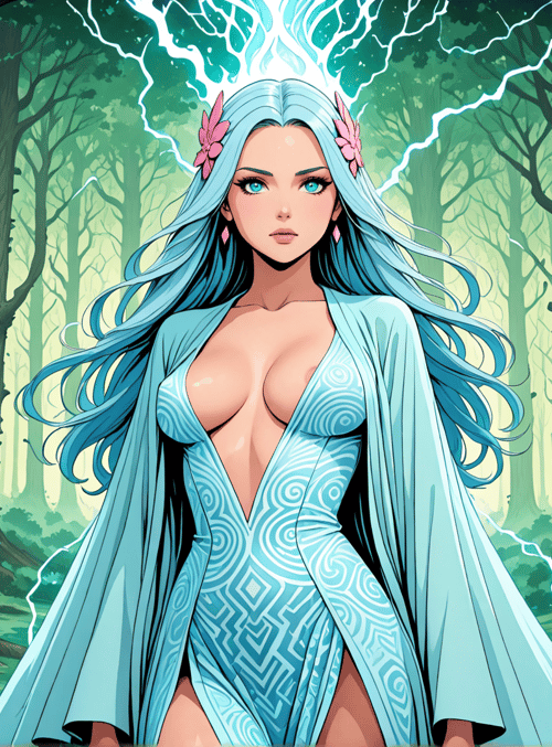 goddess, forest, trees, lightning, flowers, woman, blue, cape, hair, nature