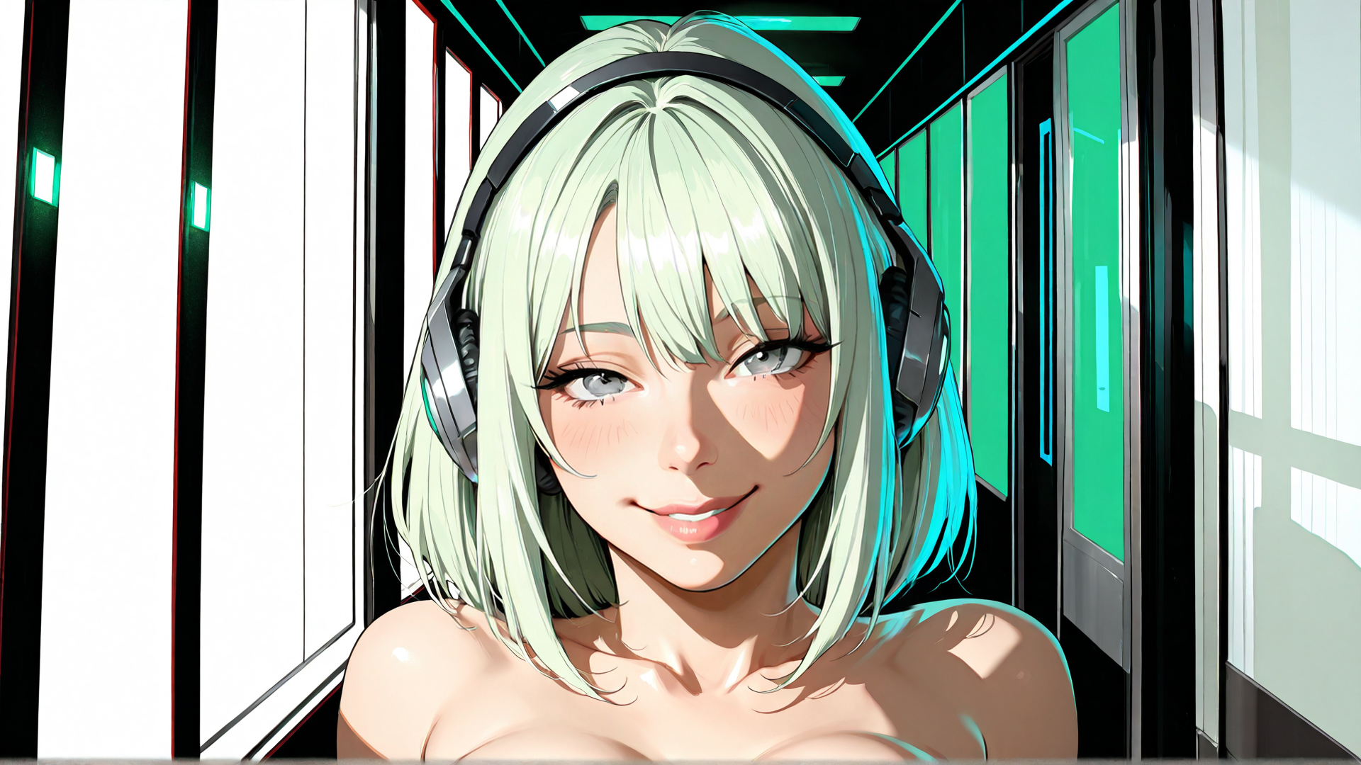 AI generated wallpaper featuring anime girl, headphones, corridor, window, hair