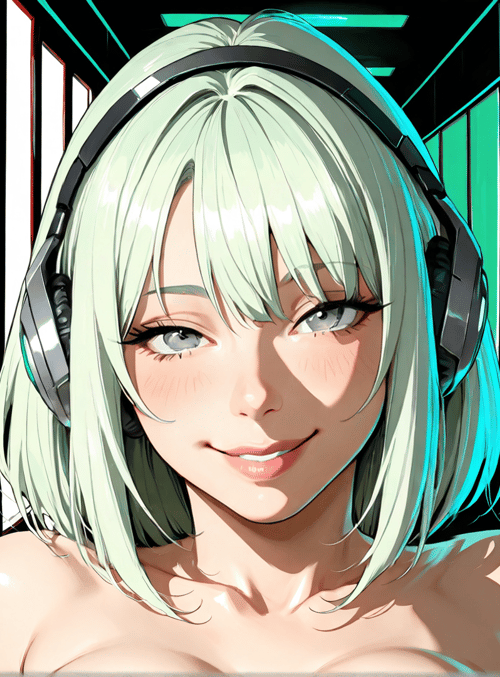 anime girl, headphones, corridor, window, hair
