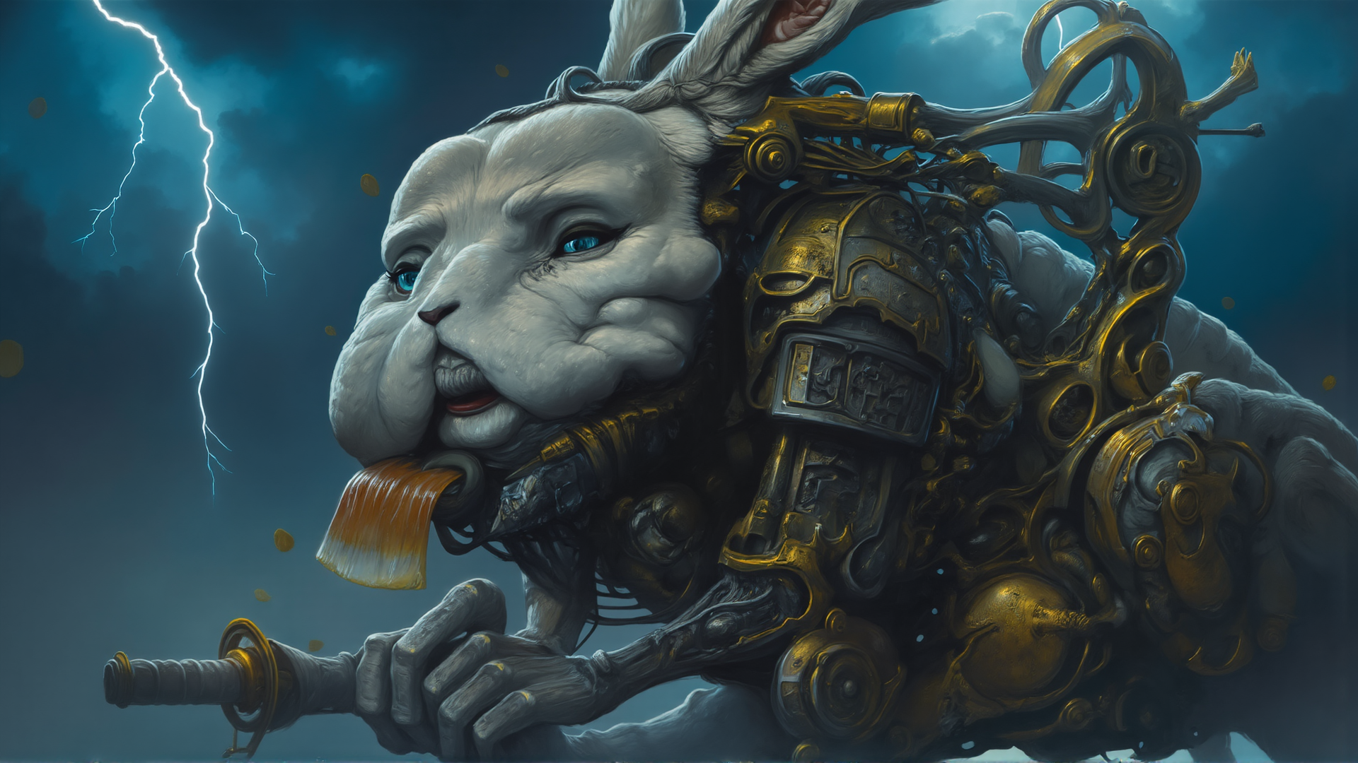 AI generated wallpaper featuring rabbit, armor, sword, mechanical, anthropomorphic