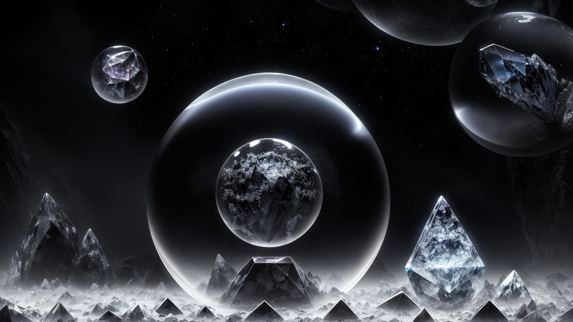 AI generated wallpaper featuring crystals, spheres, planets