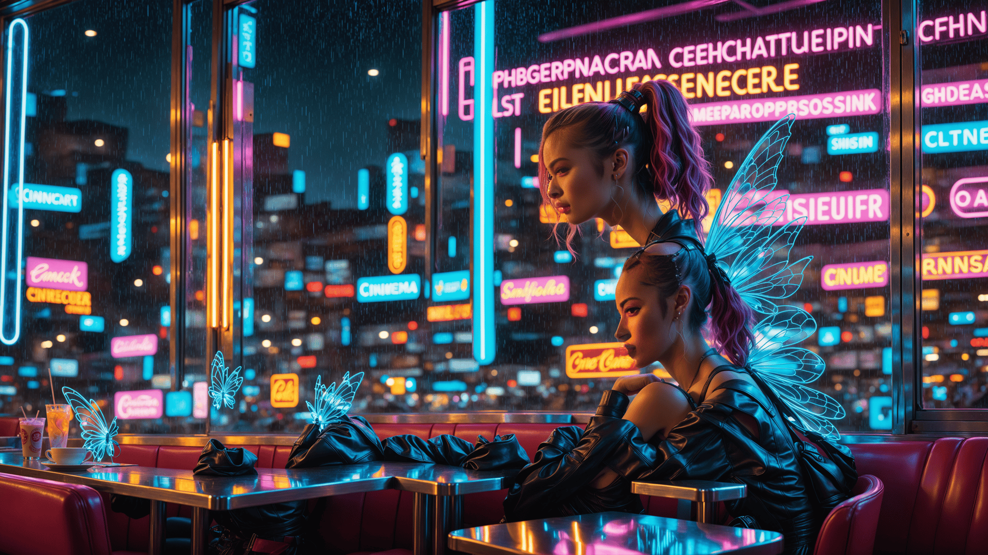 AI generated wallpaper featuring fairy, women, neon