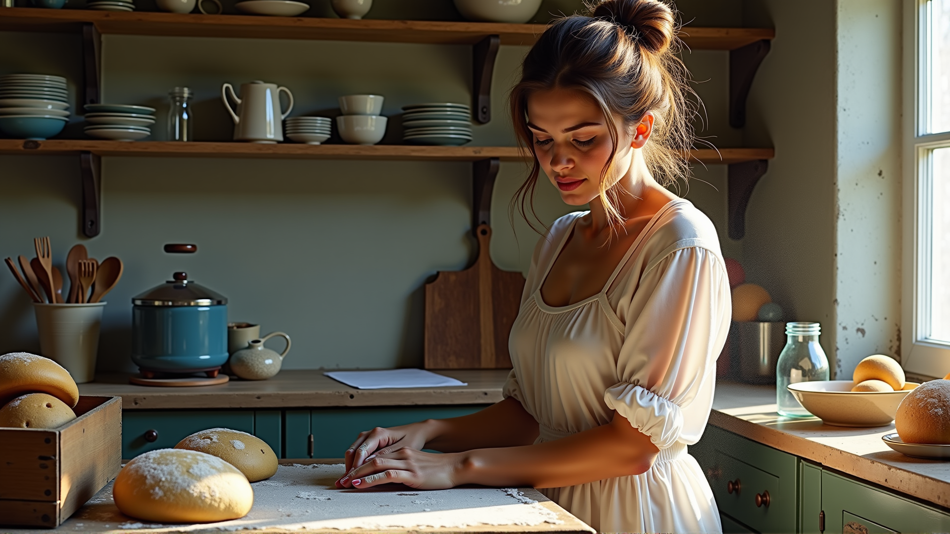 AI generated wallpaper featuring woman, bread, kitchen, shelf, bowl, pot, cutting board, butter knife, spoon, jar