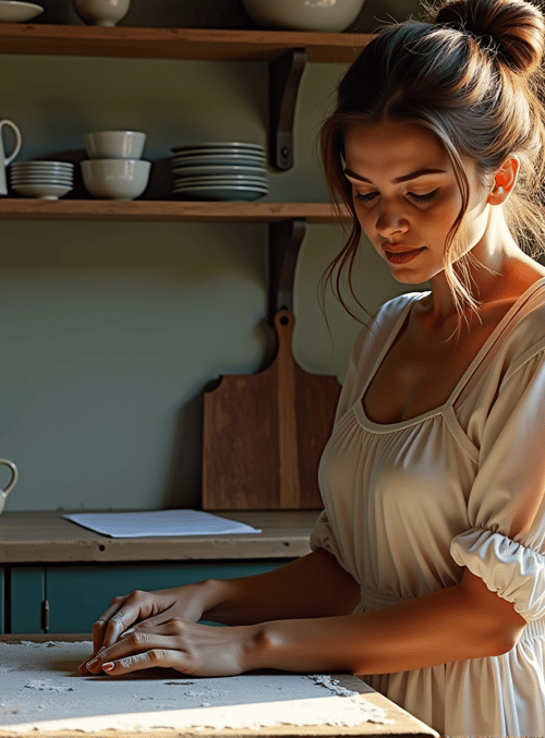 woman, bread, kitchen, shelf, bowl, pot, cutting board, butter knife, spoon, jar