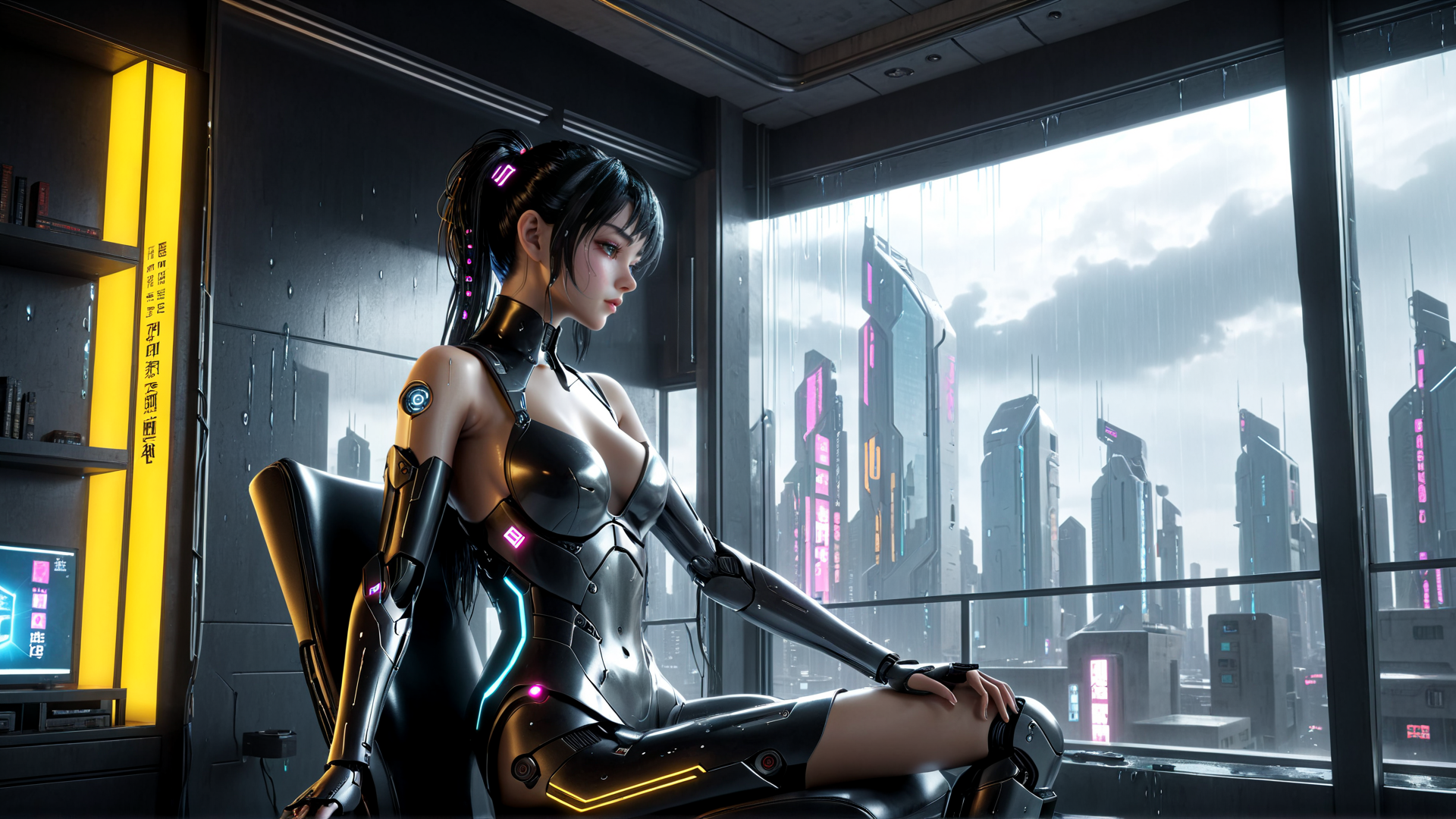 AI generated wallpaper featuring cyborg, woman, cityscape