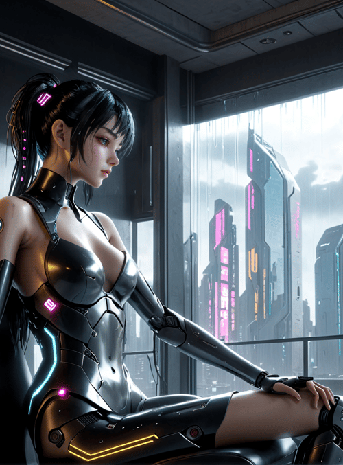 cyborg, woman, cityscape