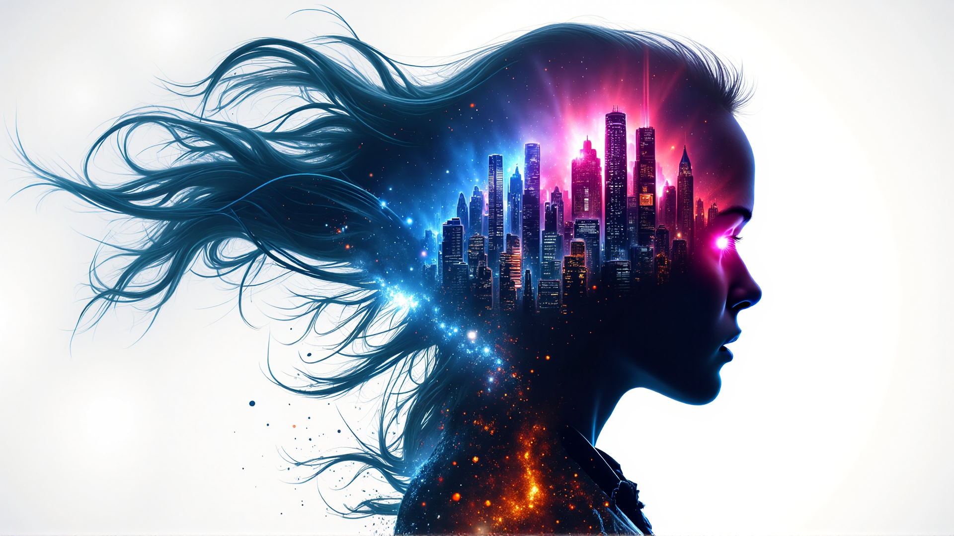 AI generated wallpaper featuring woman, cityscape, hair, silhouette, neon, stars, skyline, glow, galaxy, urban