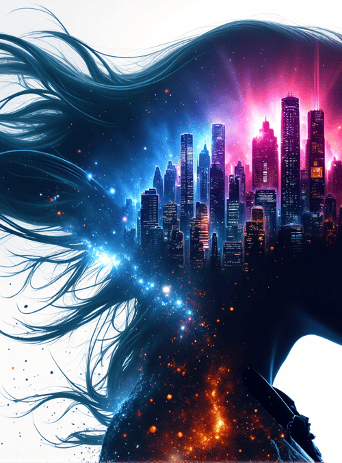 woman, cityscape, hair, silhouette, neon, stars, skyline, glow, galaxy, urban