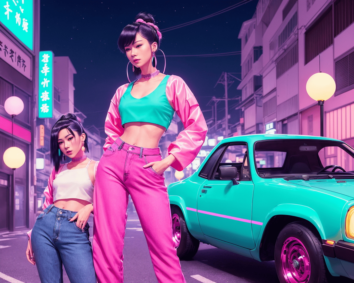 AI generated wallpaper featuring women, car, street