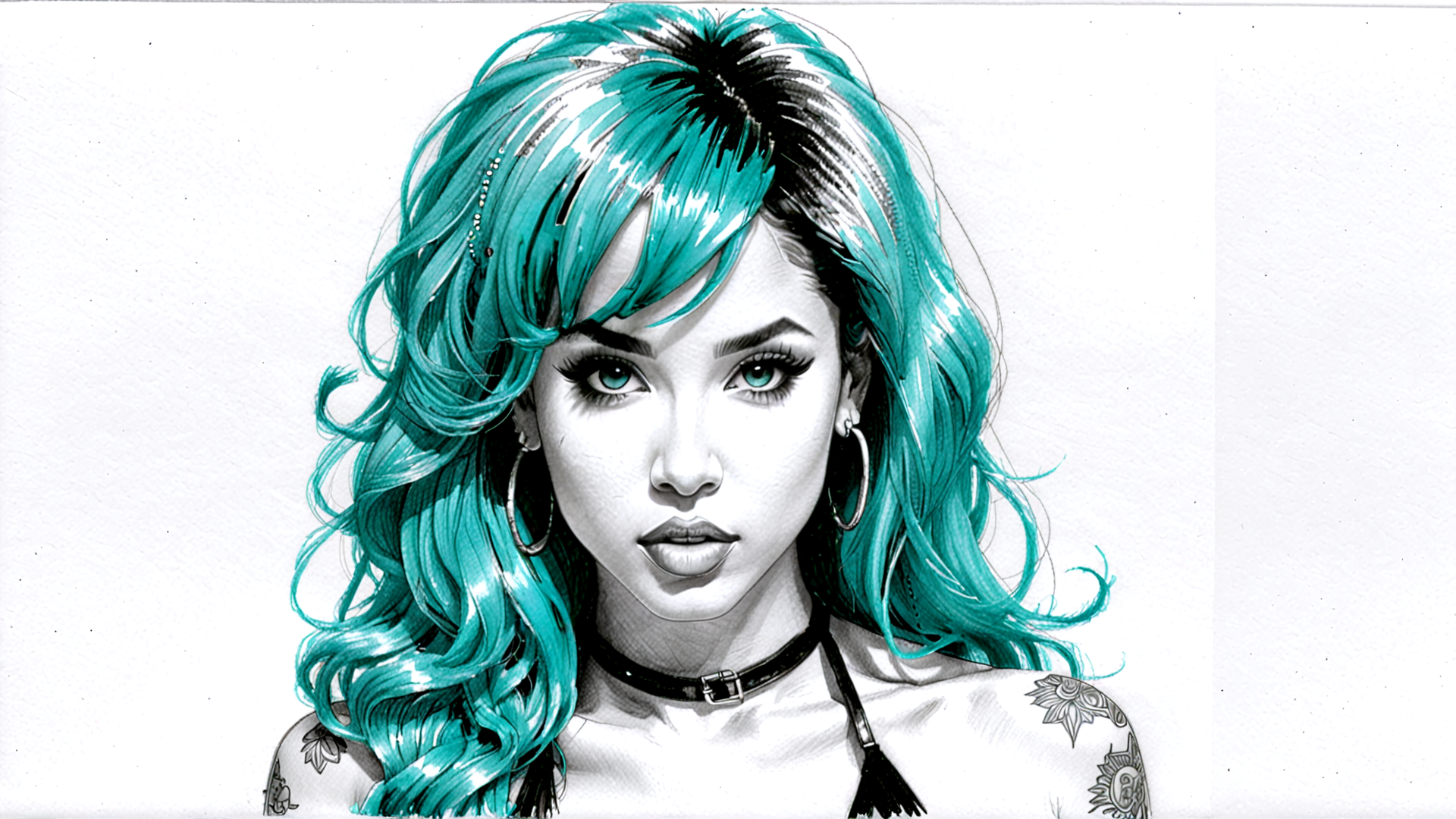 AI generated wallpaper featuring woman, hair, tattoo, choker, earrings, shoulders