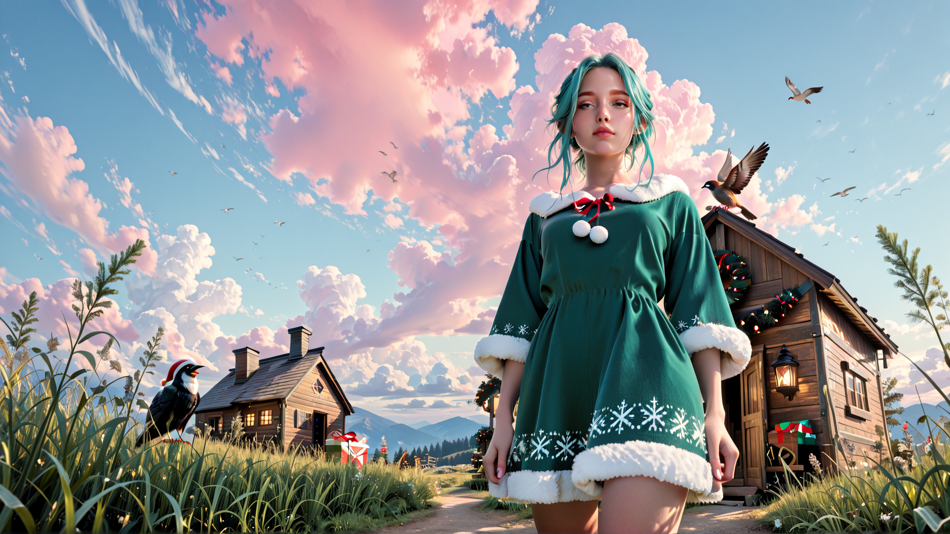 AI generated wallpaper featuring girl, house, bird, cloud, tree, gift, sky