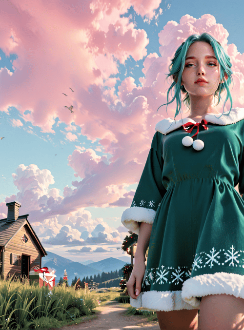 girl, house, bird, cloud, tree, gift, sky