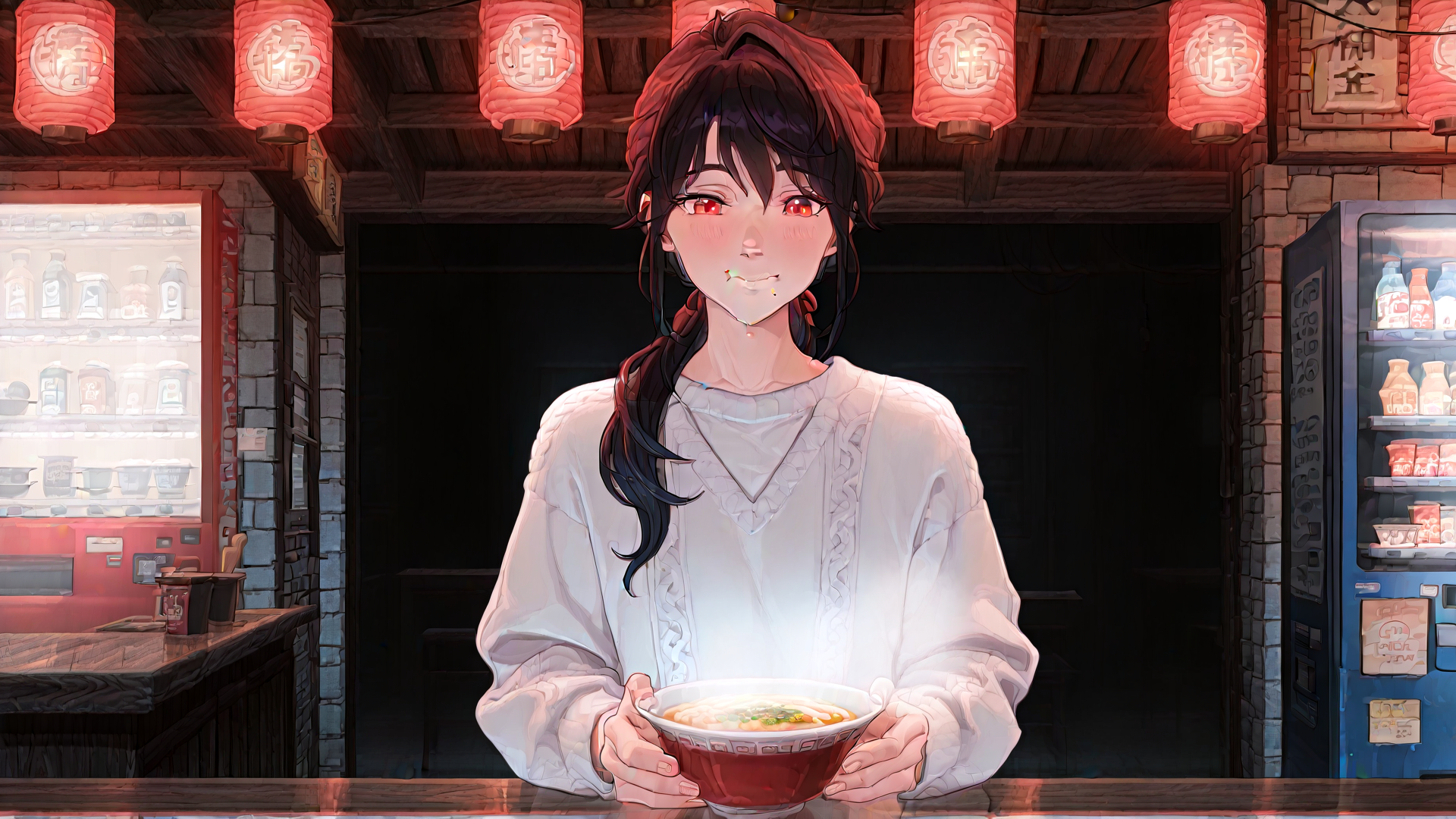 AI generated wallpaper featuring girl, noodle bowl, lanterns, refrigerator, store, braid, cherry blossom, cupboard, food, table