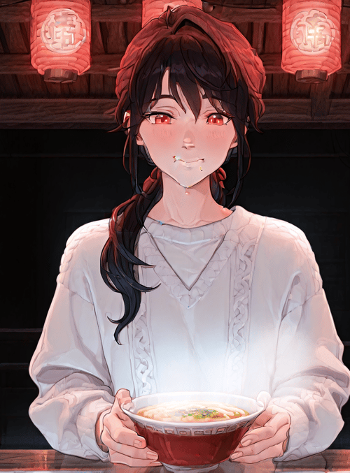 girl, noodle bowl, lanterns, refrigerator, store, braid, cherry blossom, cupboard, food, table