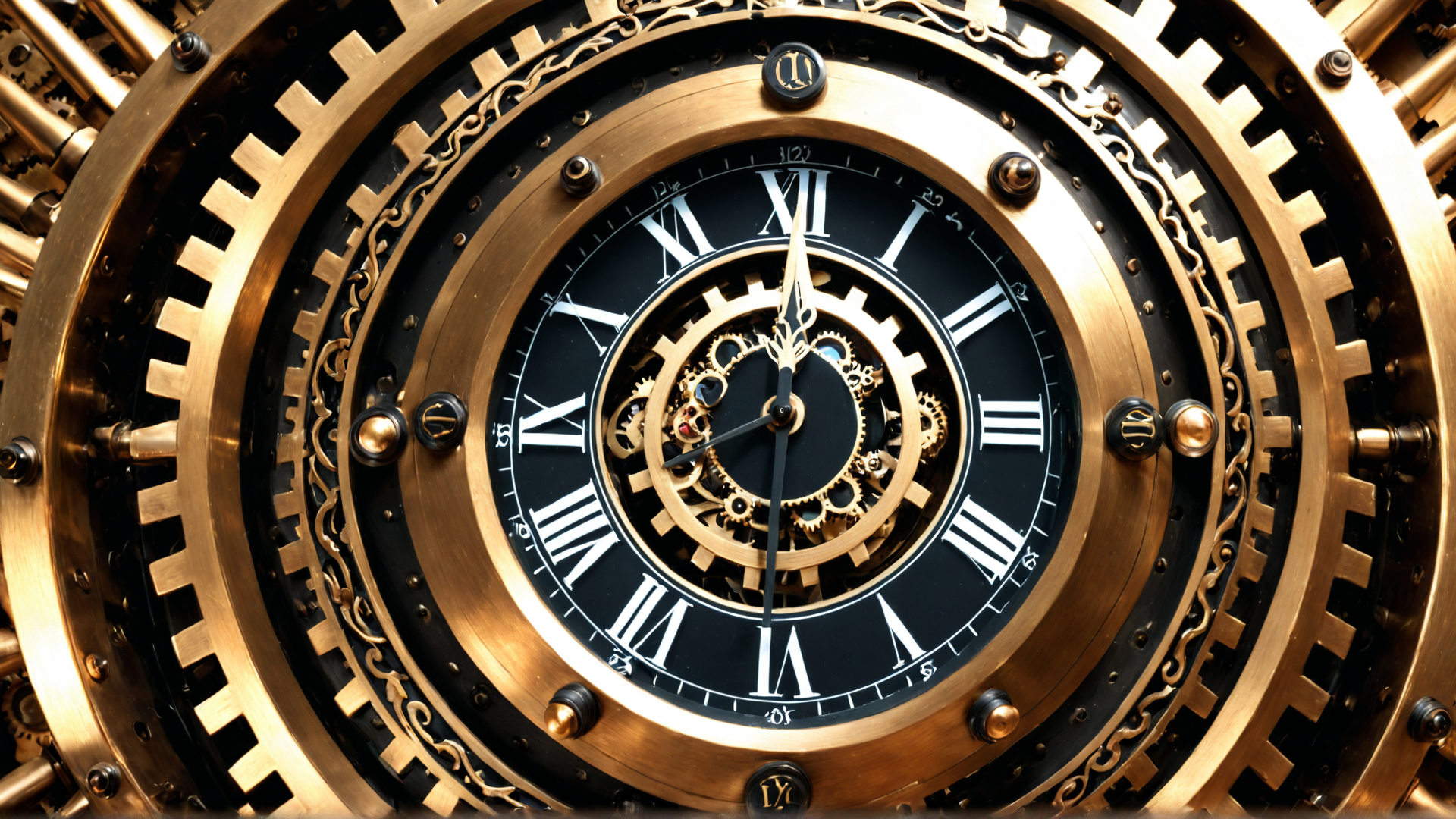 AI generated wallpaper featuring clock, gears, mechanism, roman numerals, timepiece, watch, clockwork, dial, cogwheels, metal