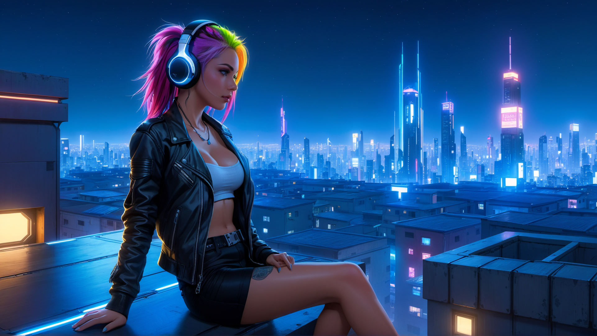 AI generated wallpaper featuring woman, cityscape, headphones
