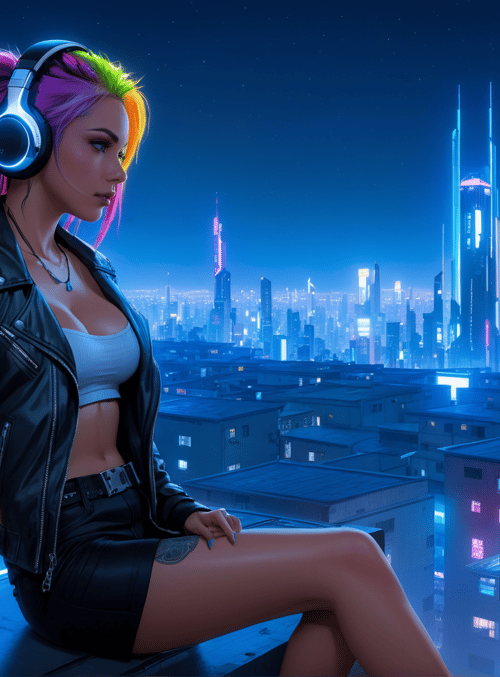 woman, cityscape, headphones