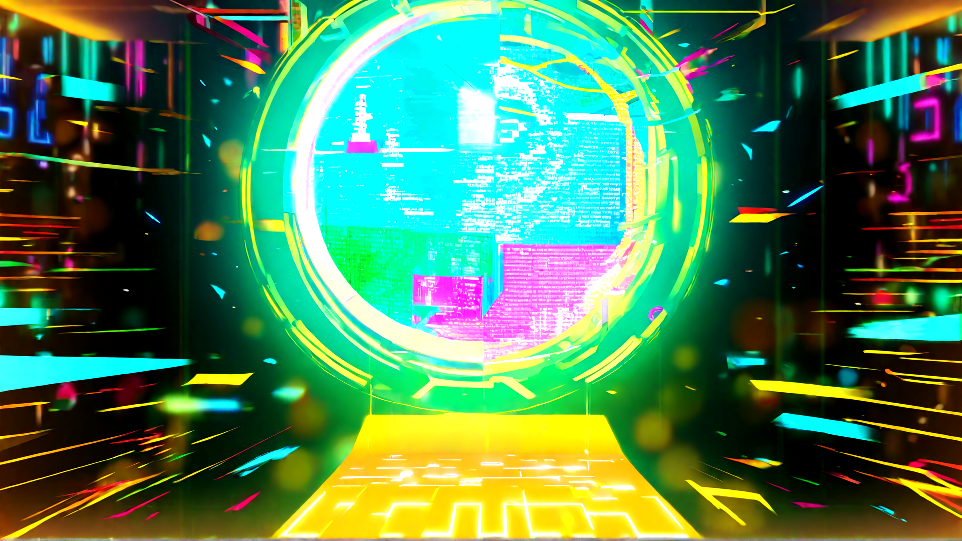 AI generated wallpaper featuring portal, neon, cityscape