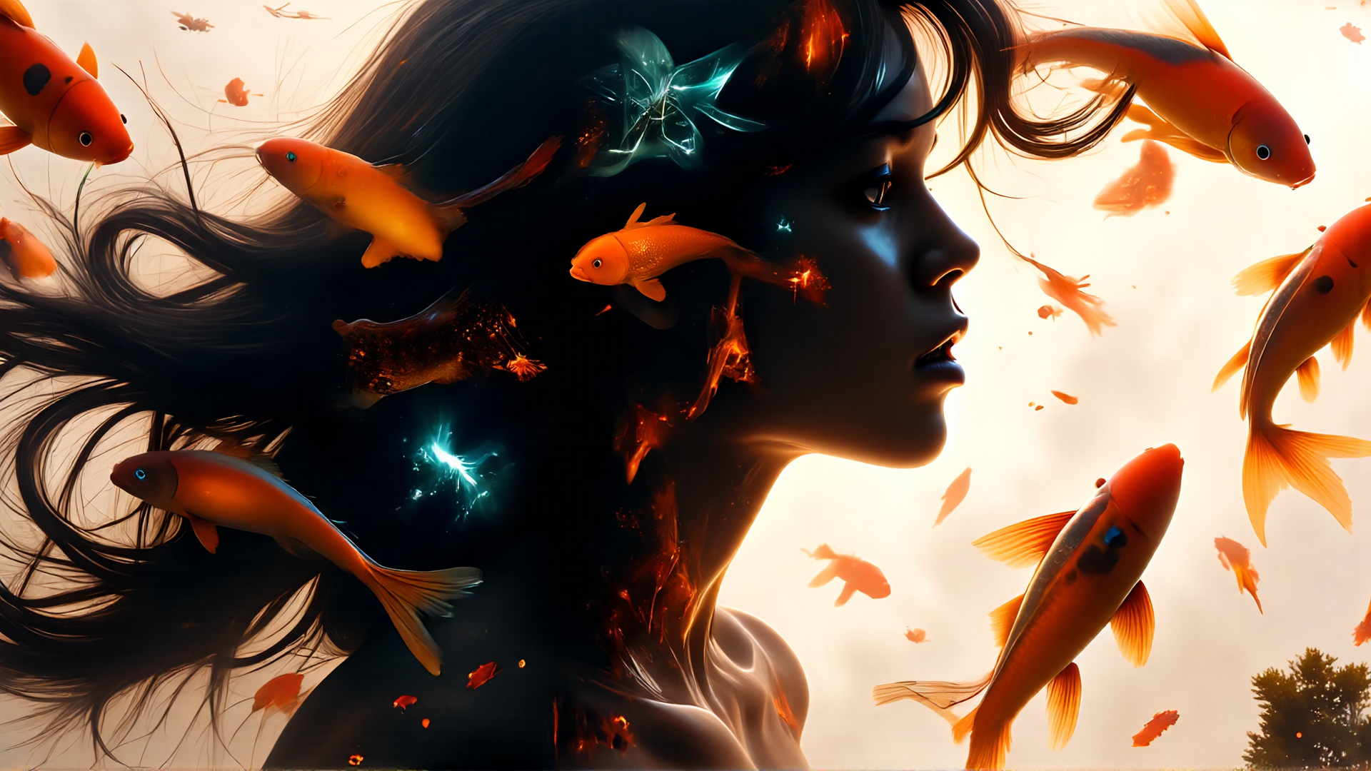AI generated wallpaper featuring woman, fish, hair, fire, light
