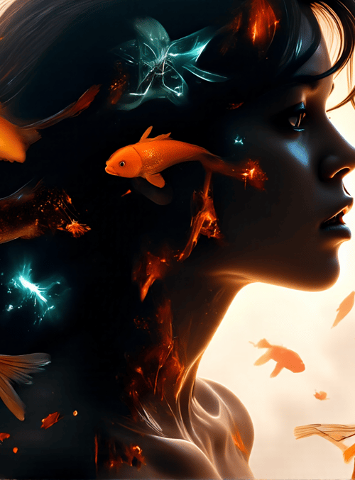 woman, fish, hair, fire, light