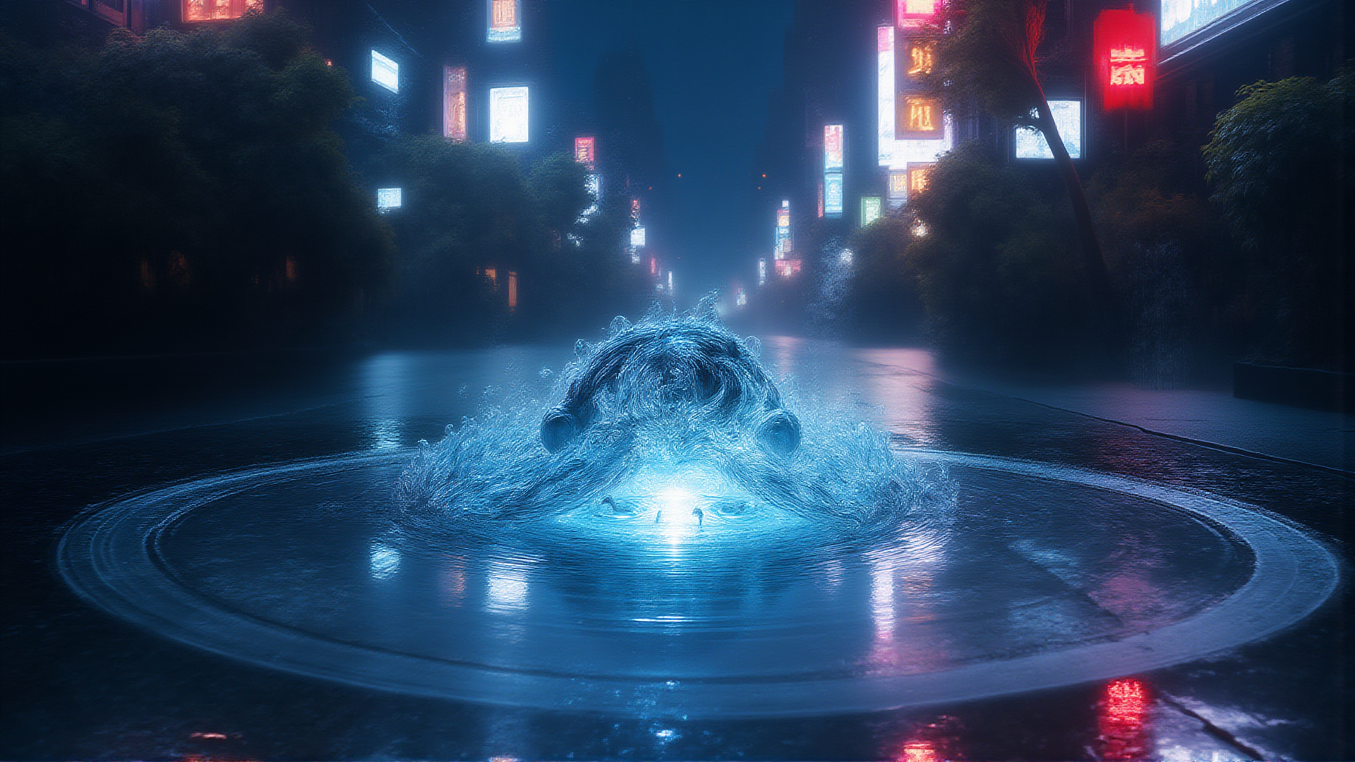 AI generated wallpaper featuring water, city, neon, splash, road, fountain, street, light, night, building