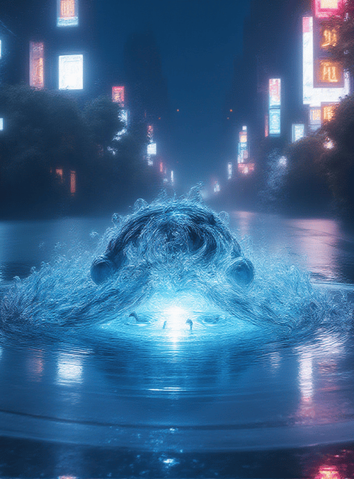 water, city, neon, splash, road, fountain, street, light, night, building