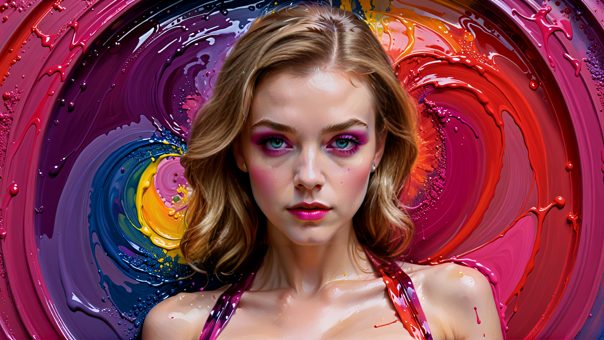 AI generated wallpaper featuring woman, paint, sweat, straps