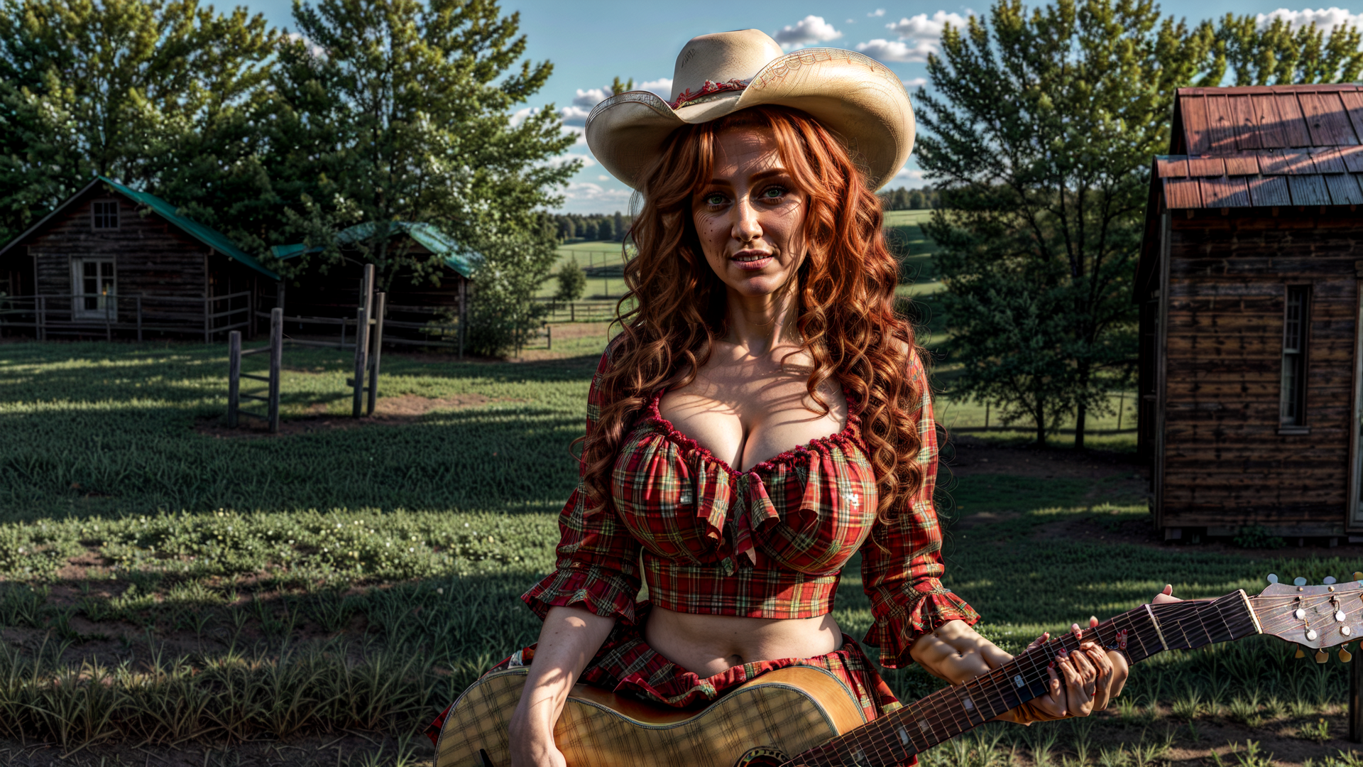 AI generated wallpaper featuring cowgirl, guitar, farmer