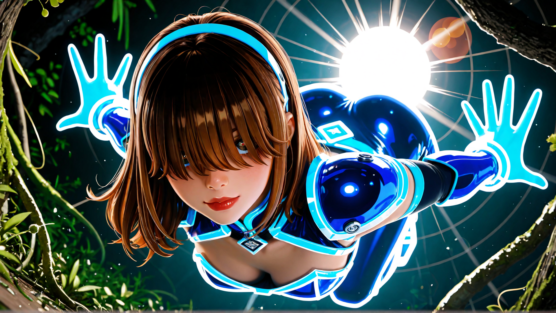 AI generated wallpaper featuring cyborg, girl, neon, hands, headband, gloves, jewelry, outfit, light, tree