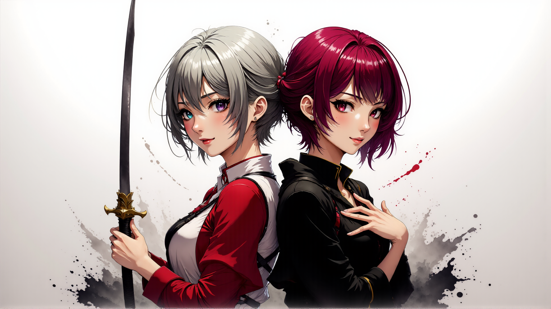 AI generated wallpaper featuring girl, sword, anime, characters, back, red, black, uniform, hair, blood