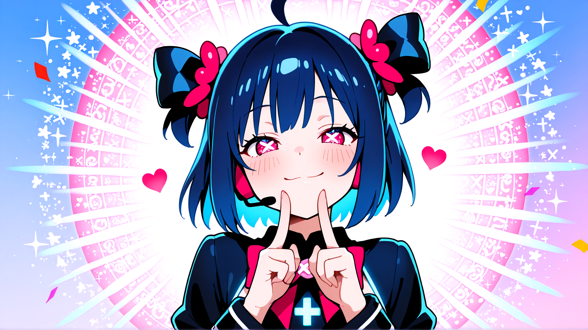 AI generated wallpaper featuring anime girl, character, bunny ears, hearts, stars, bow, microphone