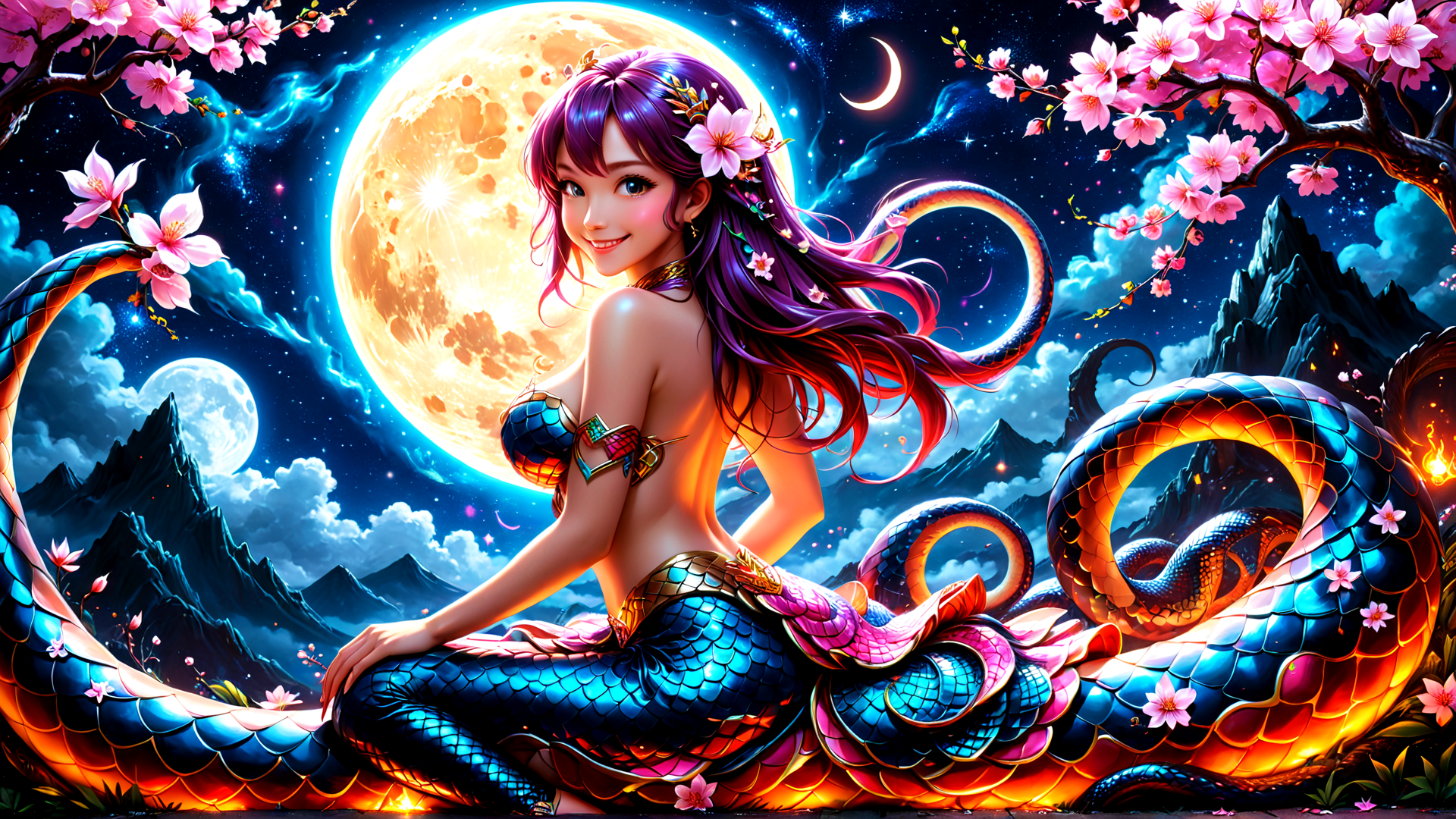 AI generated wallpaper featuring mermaid, dragon, cherry blossom, moon, scales, flower, mountain, stars, naga, celestial