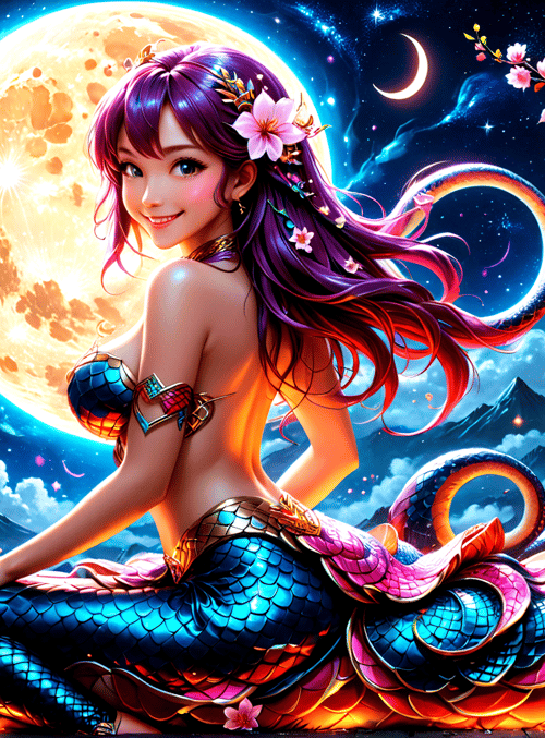 mermaid, dragon, cherry blossom, moon, scales, flower, mountain, stars, naga, celestial