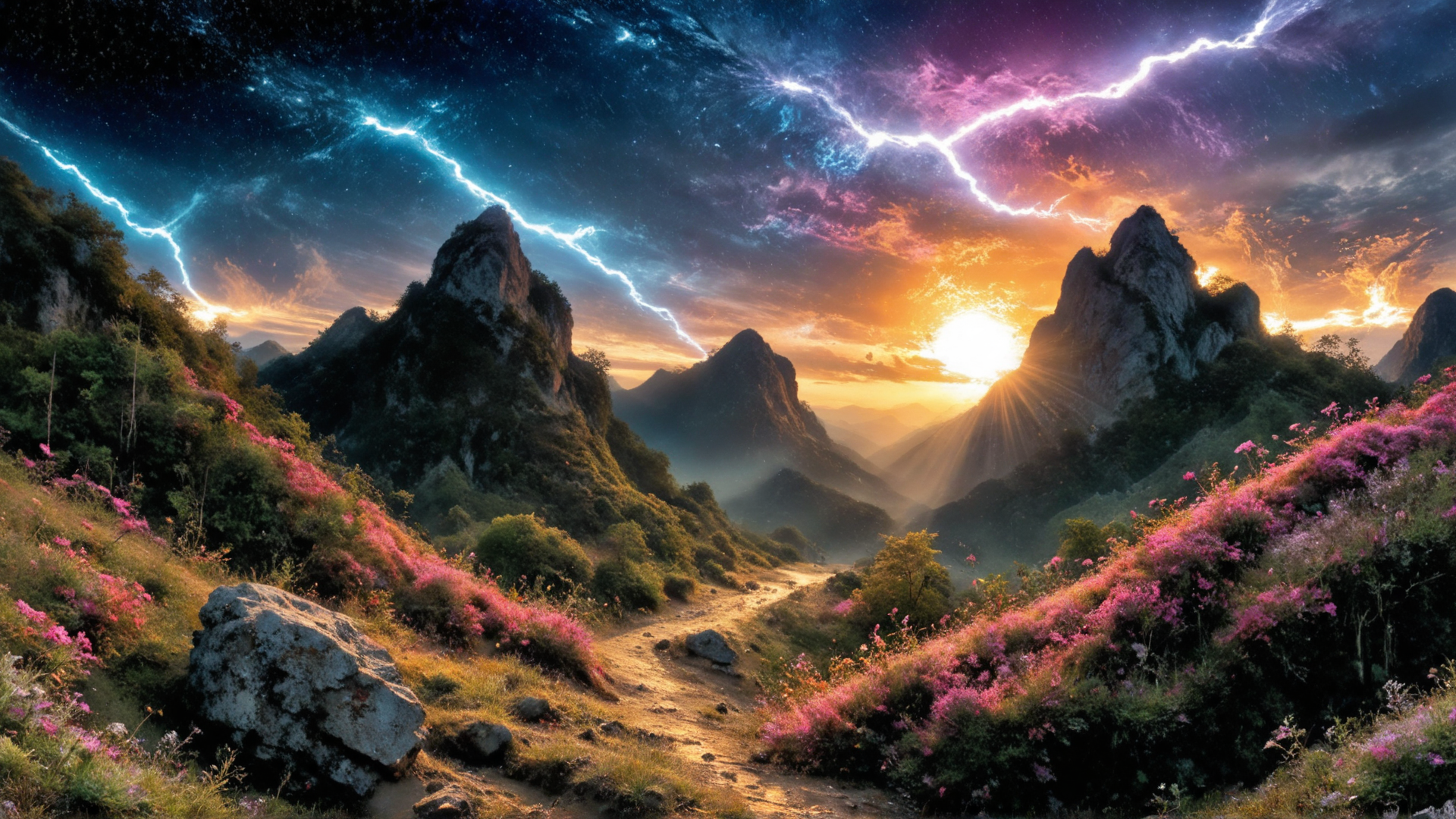 AI generated wallpaper featuring mountains, path, flowers, sun, sky, lightning, rock, valley, trees, clouds