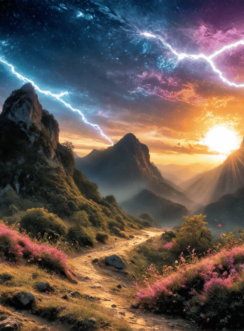 mountains, path, flowers, sun, sky, lightning, rock, valley, trees, clouds