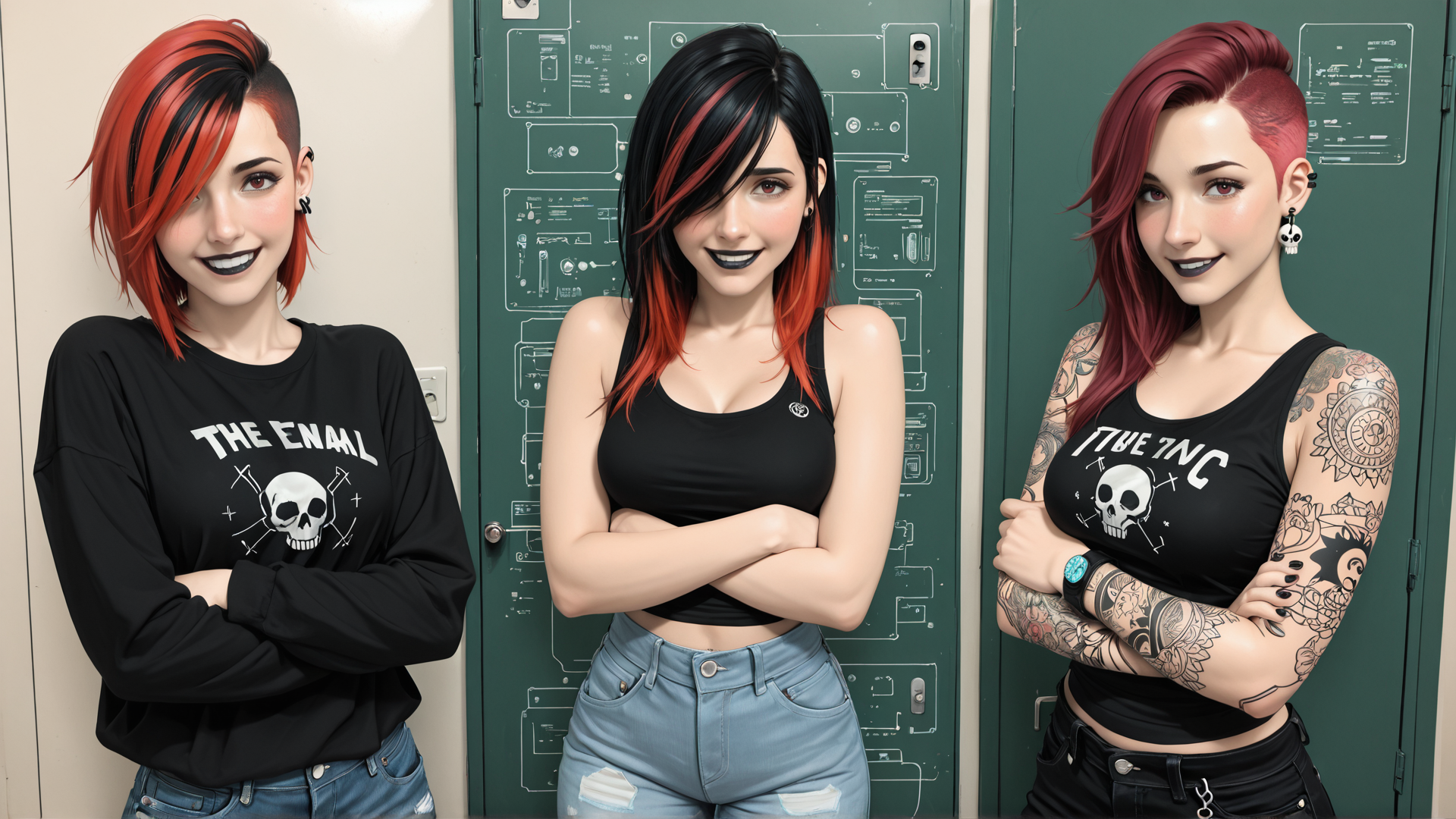 AI generated wallpaper featuring girls, skull, tattoo, hair, tank top, long sleeve, jeans, black top, earring, crossed arms