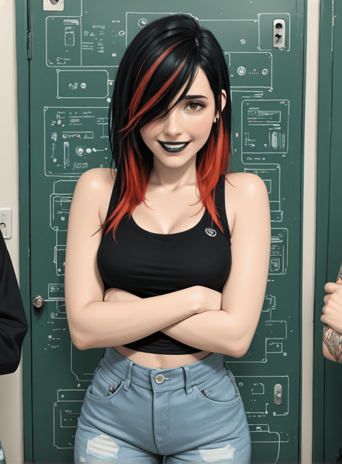 girls, skull, tattoo, hair, tank top, long sleeve, jeans, black top, earring, crossed arms