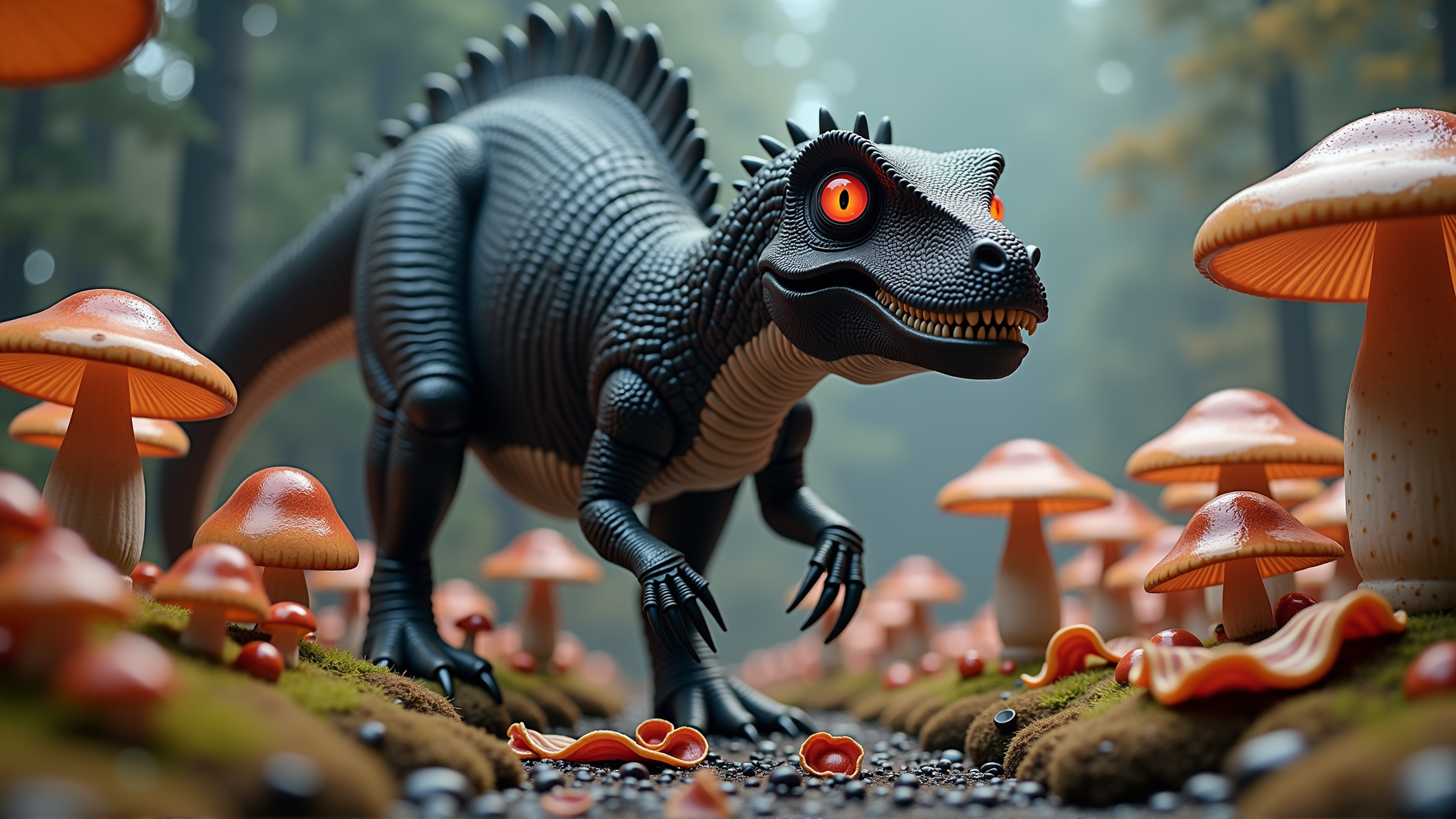 AI generated wallpaper featuring dinosaur, mushroom, forest, fungal, creature