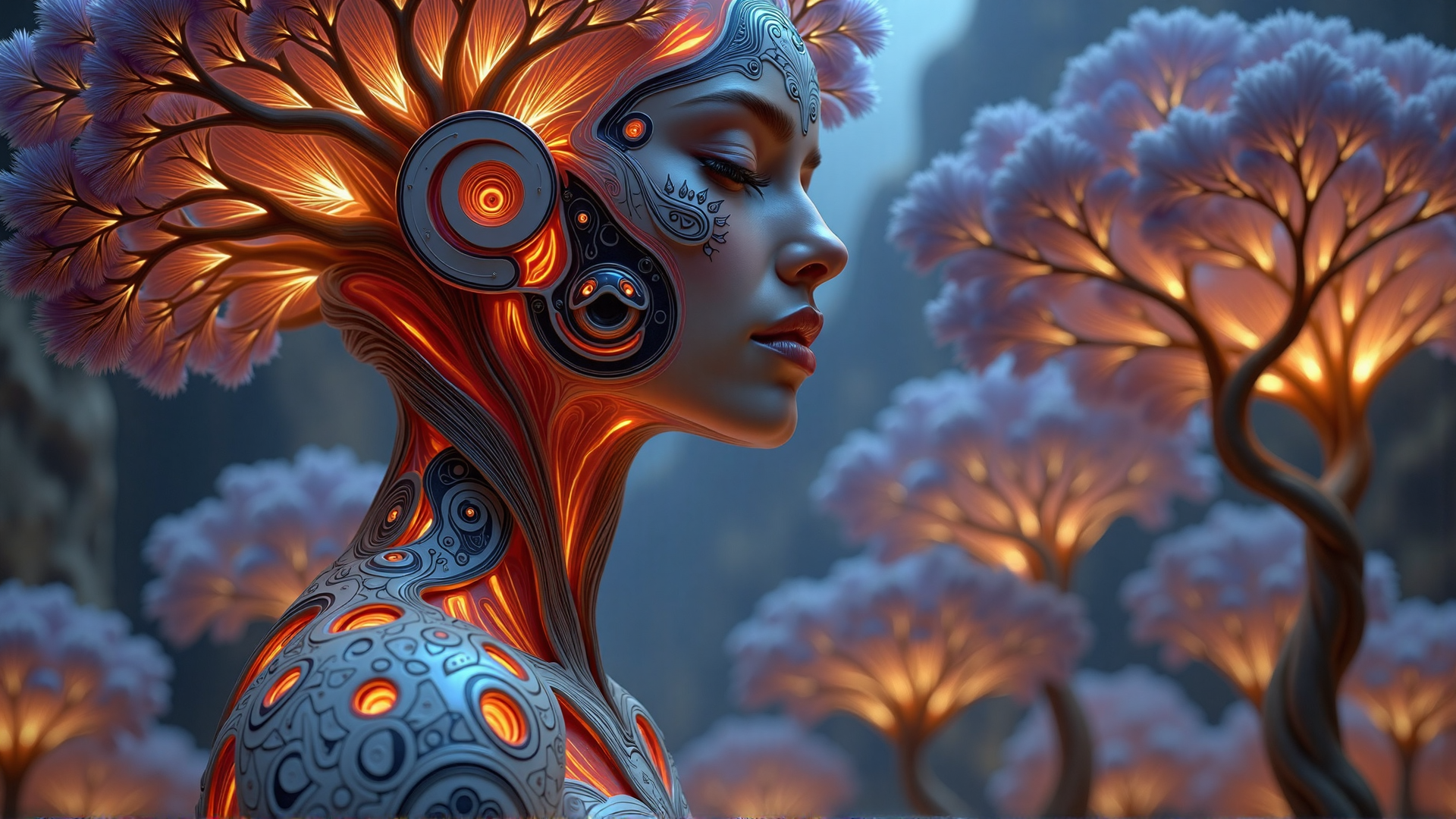 AI generated wallpaper featuring woman, tree, cybernetic, nature, art