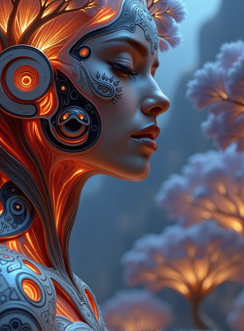 woman, tree, cybernetic, nature, art