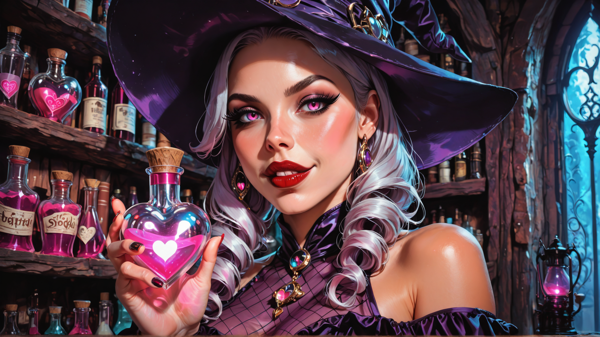 AI generated wallpaper featuring witch, heart bottle, bottle, shelves, hat, lamps, window, earring, dress, hair