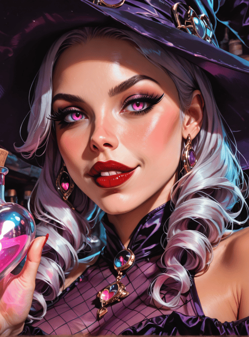 witch, heart bottle, bottle, shelves, hat, lamps, window, earring, dress, hair
