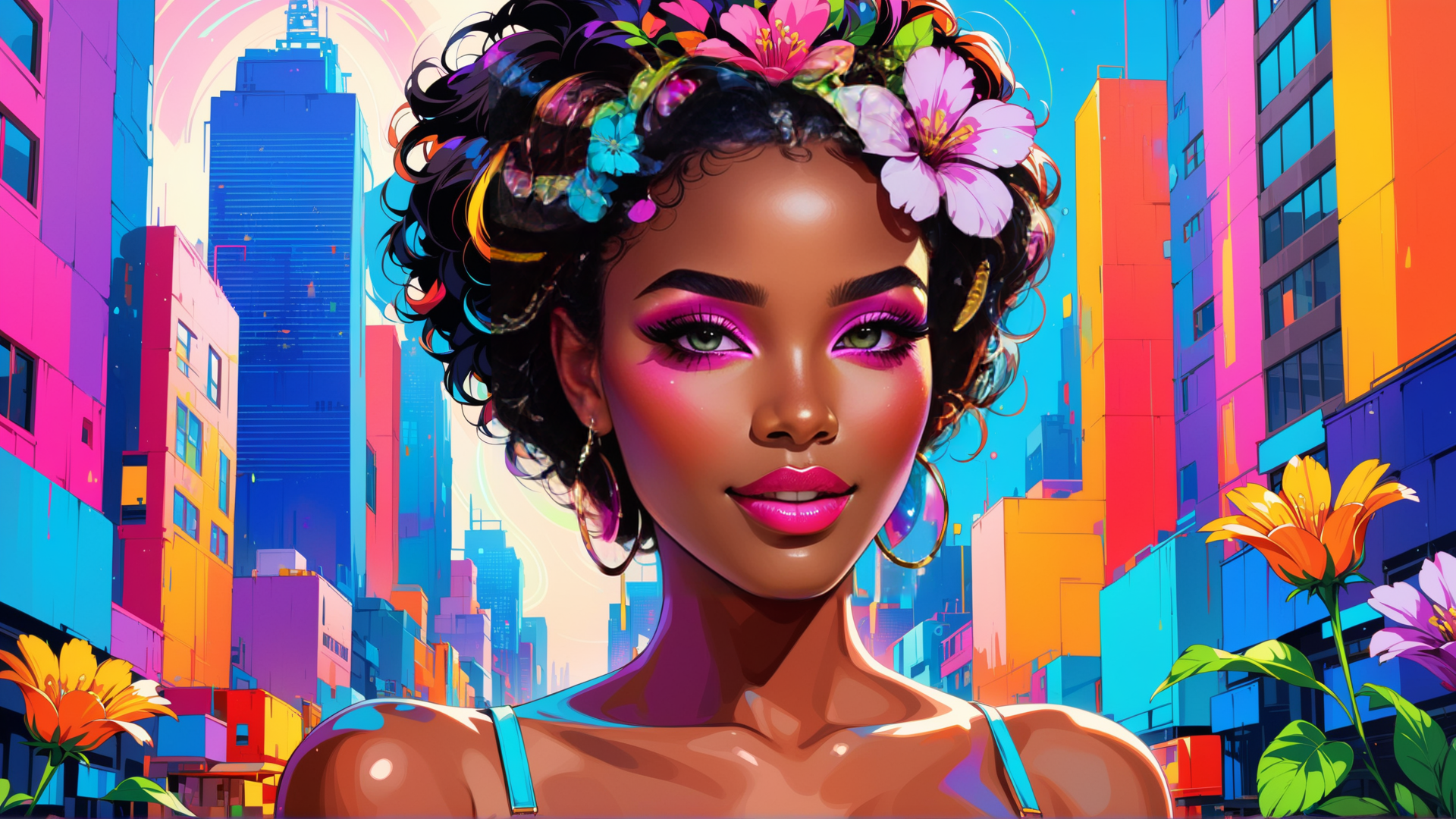 AI generated wallpaper featuring woman, cityscape, flowers