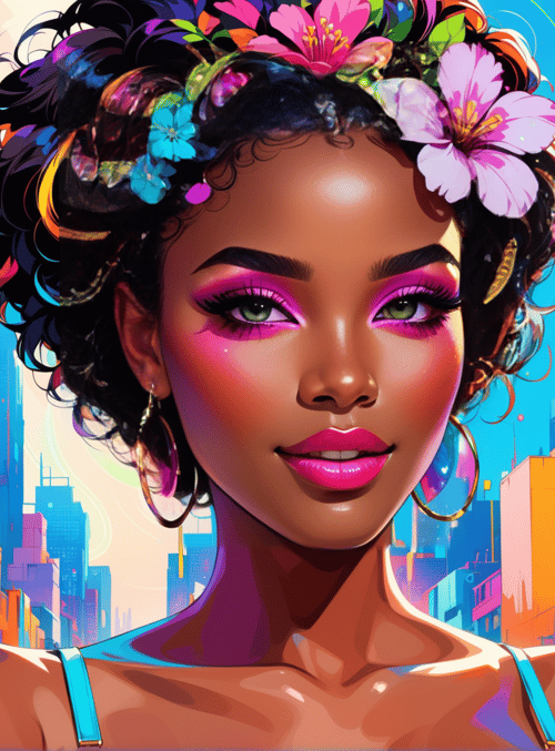 woman, cityscape, flowers