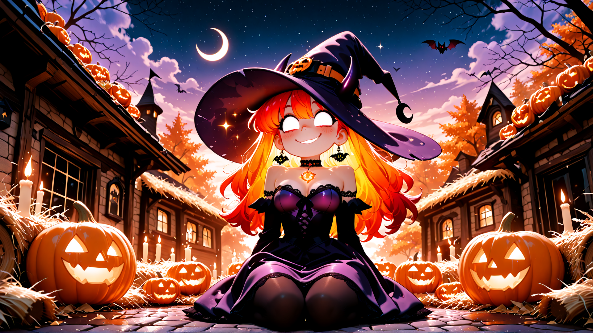 AI generated wallpaper featuring witch, pumpkin, candle, house, moon, bat