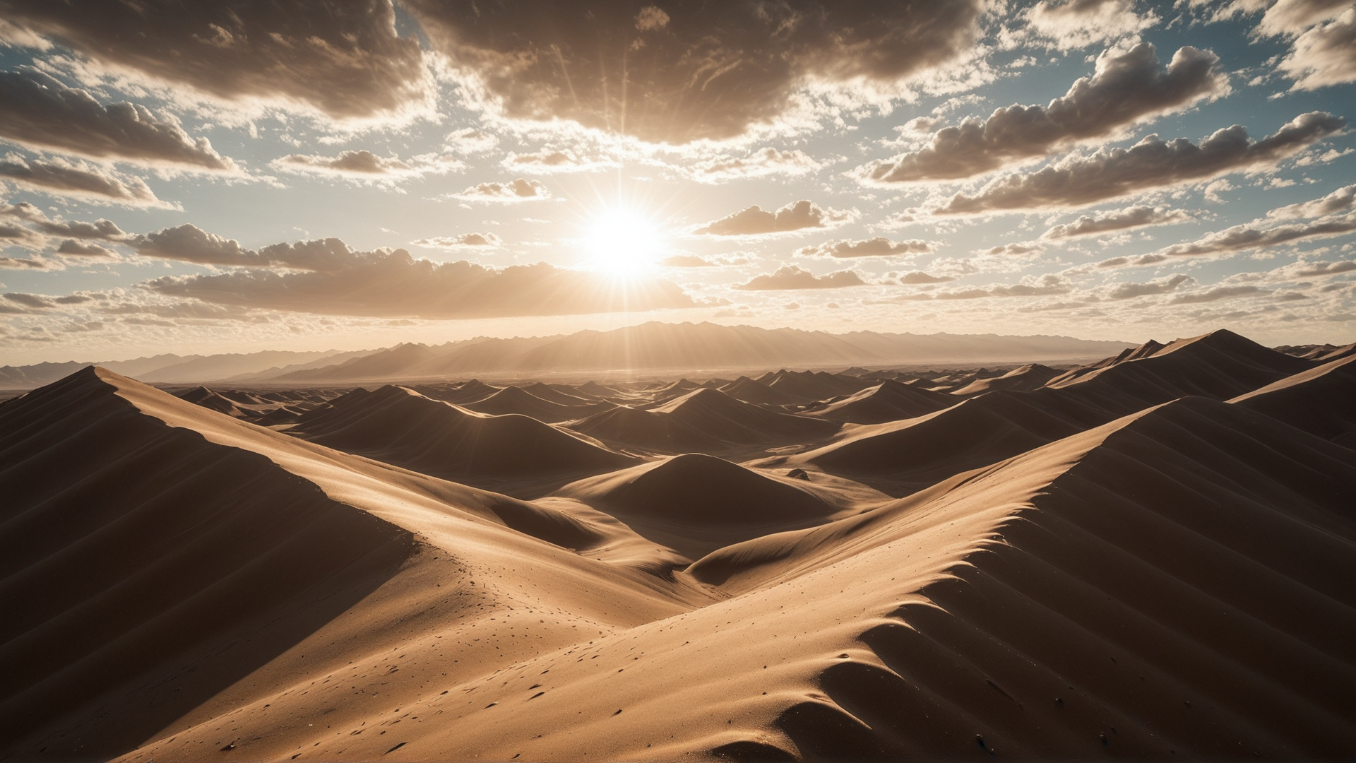 AI generated wallpaper featuring desert, sand dunes, sun, clouds, mountains