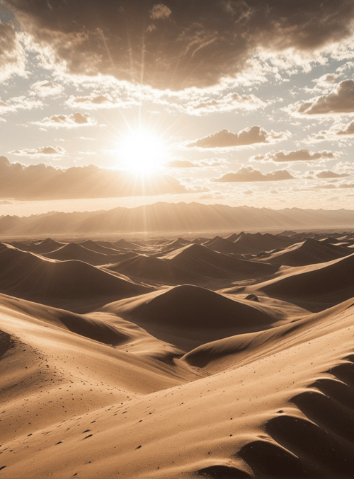desert, sand dunes, sun, clouds, mountains